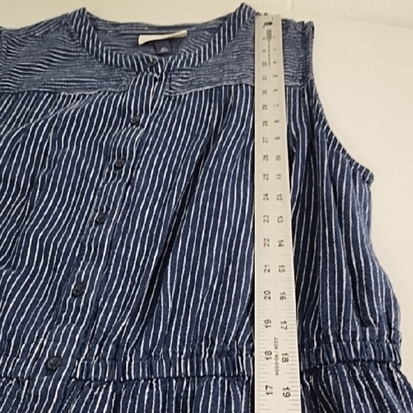 Navy & White Stripe Linen Blend Button Down Shirt Dress Ruffle Hem Knee Length - Picture 7 of 14